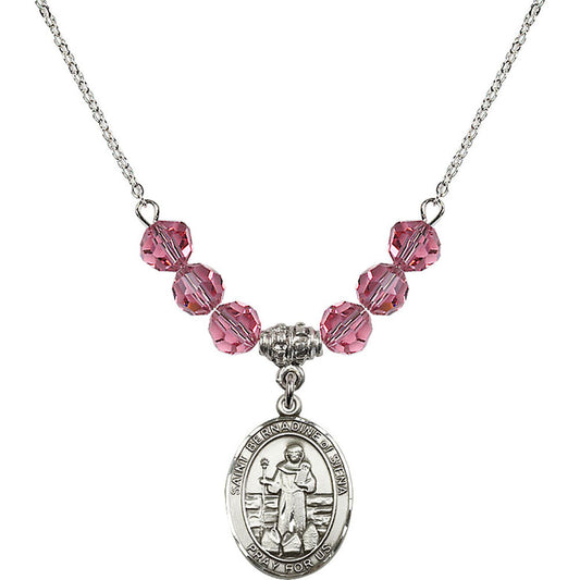 Sterling Silver Saint Bernadine of Sienna Birthstone Necklace with Rose Beads - 8387