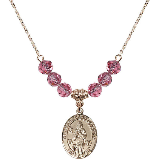 14kt Gold Filled Our Lady of Assumption Birthstone Necklace with Rose Beads - 8388