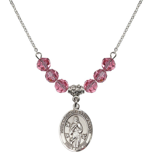 Sterling Silver Our Lady of Assumption Birthstone Necklace with Rose Beads - 8388