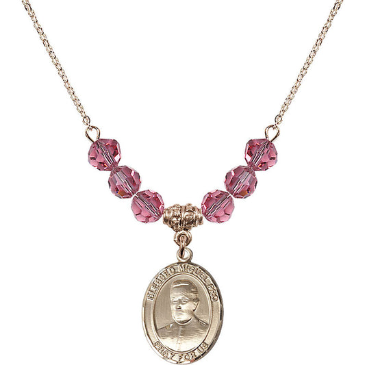 14kt Gold Filled Blessed Miguel Pro Birthstone Necklace with Rose Beads - 8389
