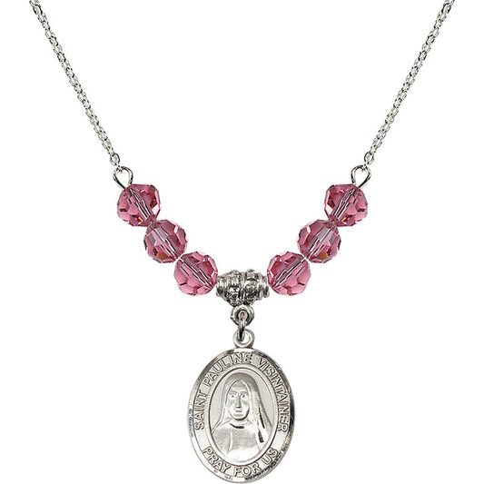 Sterling Silver Saint Pauline Visintainer Birthstone Necklace with Rose Beads - 8391