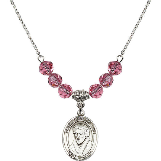 Sterling Silver Saint Peter Canisius Birthstone Necklace with Rose Beads - 8393