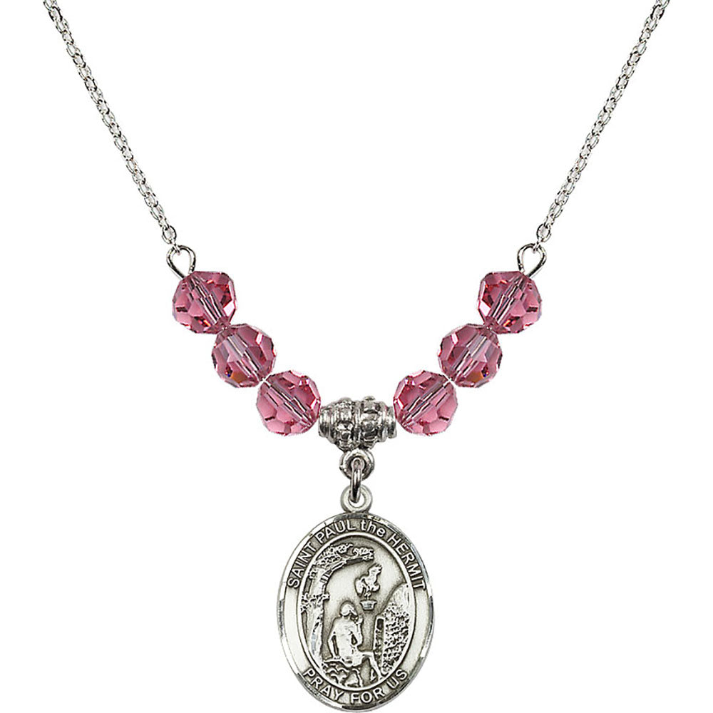 Sterling Silver Saint Paul the Hermit Birthstone Necklace with Rose Beads - 8394