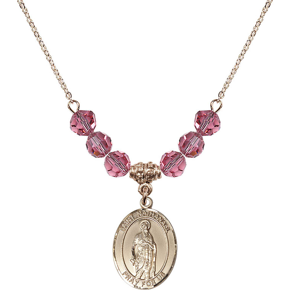 14kt Gold Filled Saint Nathanael Birthstone Necklace with Rose Beads - 8398