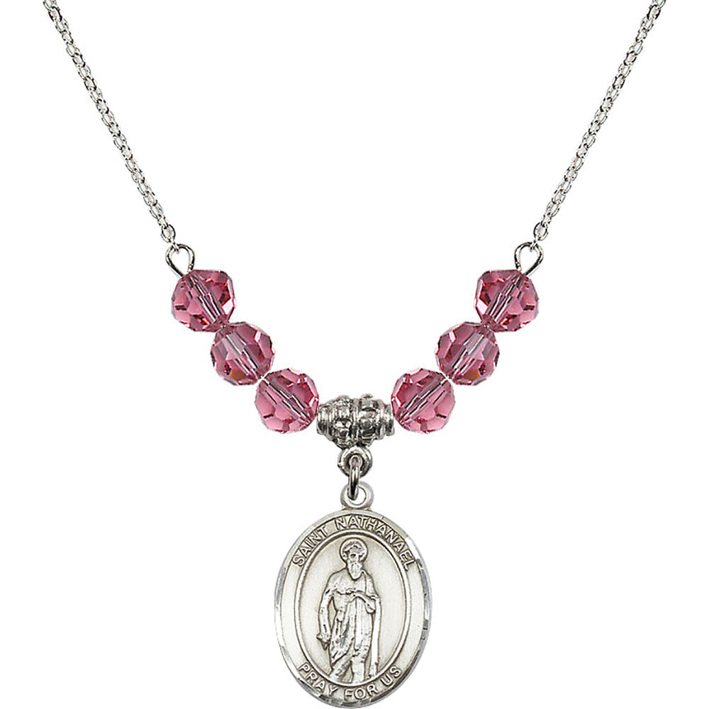 Sterling Silver Saint Nathanael Birthstone Necklace with Rose Beads - 8398