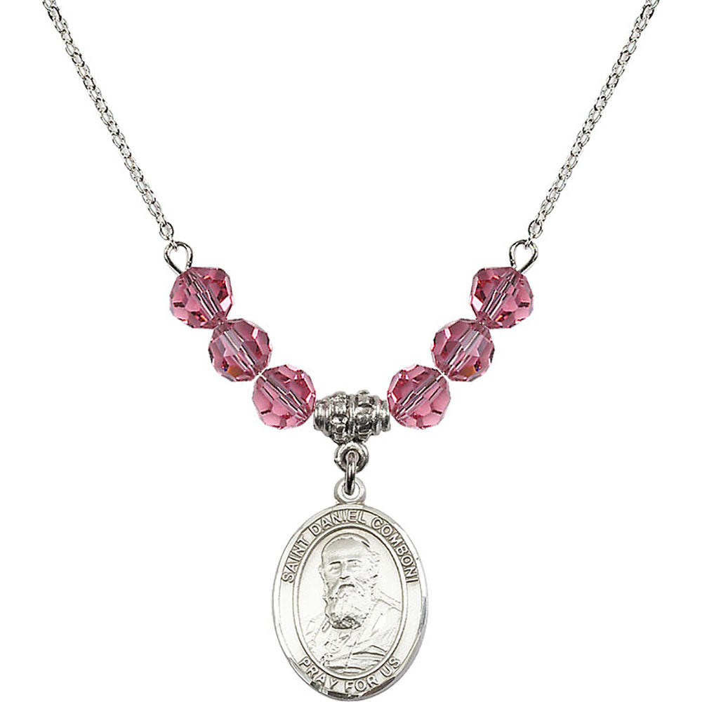 Sterling Silver Saint Daniel Comboni Birthstone Necklace with Rose Beads - 8400