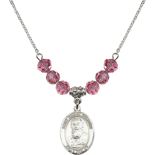Sterling Silver Saint Daniel Comboni Birthstone Necklace with Rose Beads - 8400