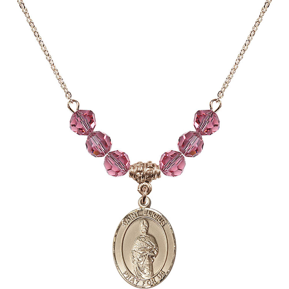 14kt Gold Filled Saint Eligius Birthstone Necklace with Rose Beads - 8402