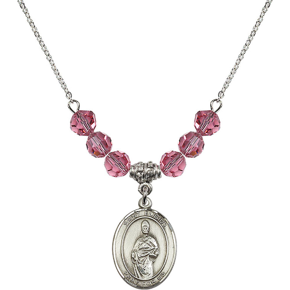 Sterling Silver Saint Eligius Birthstone Necklace with Rose Beads - 8402