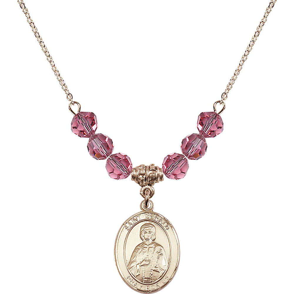 14kt Gold Filled Saint Gerald Birthstone Necklace with Rose Beads - 8404