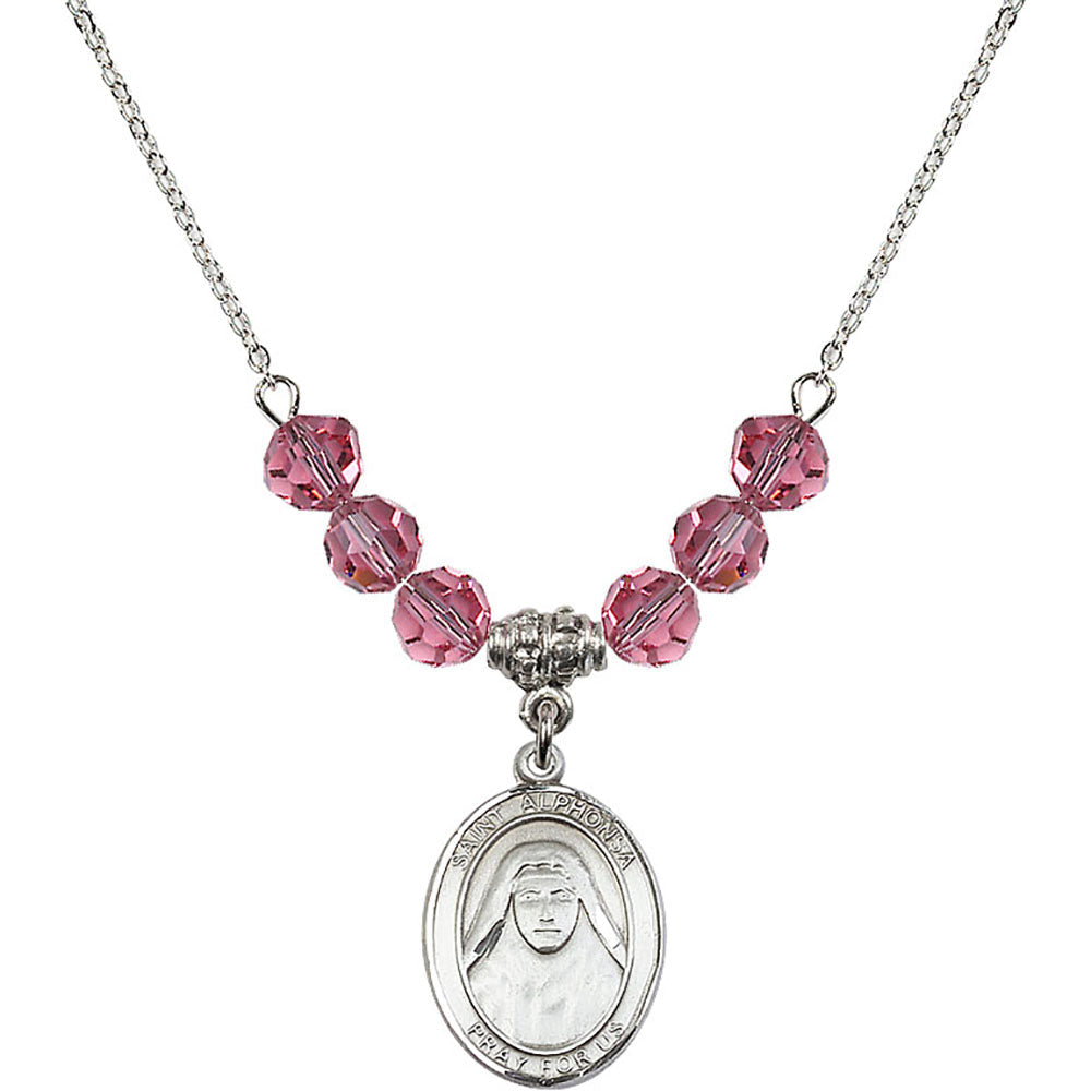 Sterling Silver Saint Alphonsa of India Birthstone Necklace with Rose Beads - 8406