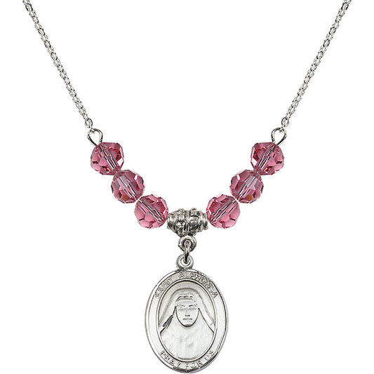 Sterling Silver Saint Alphonsa of India Birthstone Necklace with Rose Beads - 8406