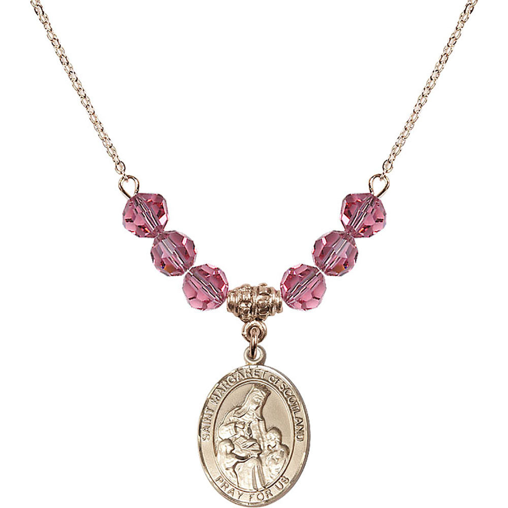 14kt Gold Filled Saint Margaret of Scotland Birthstone Necklace with Rose Beads - 8407