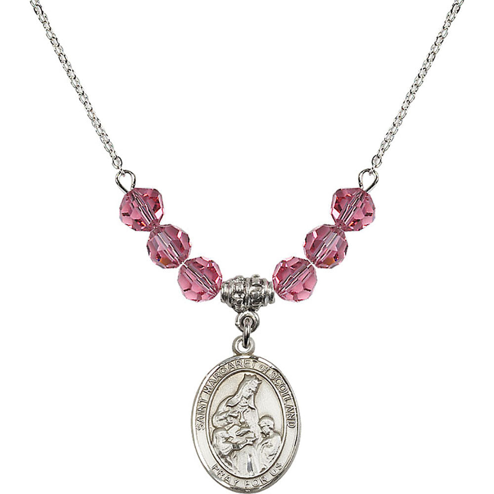 Sterling Silver Saint Margaret of Scotland Birthstone Necklace with Rose Beads - 8407