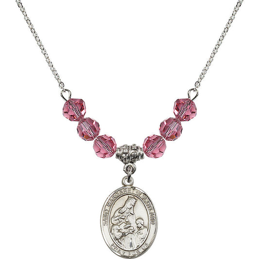 Sterling Silver Saint Margaret of Scotland Birthstone Necklace with Rose Beads - 8407