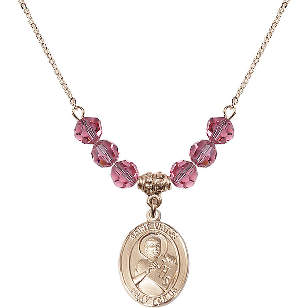 14kt Gold Filled Saint Viator of Bergamo Birthstone Necklace with Rose Beads - 8408