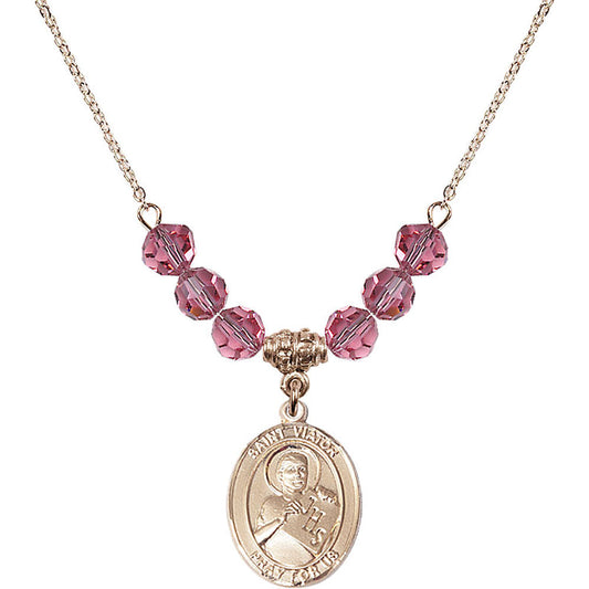 14kt Gold Filled Saint Viator of Bergamo Birthstone Necklace with Rose Beads - 8408