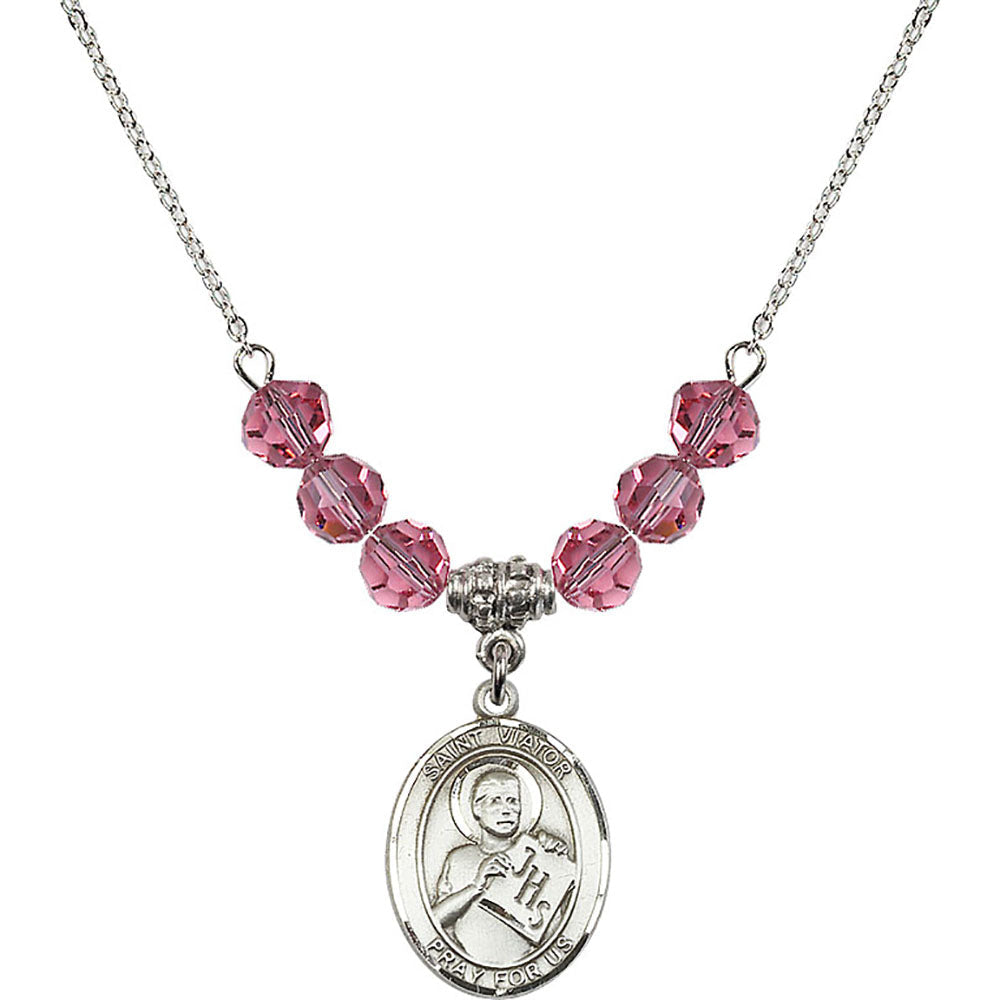 Sterling Silver Saint Viator of Bergamo Birthstone Necklace with Rose Beads - 8408