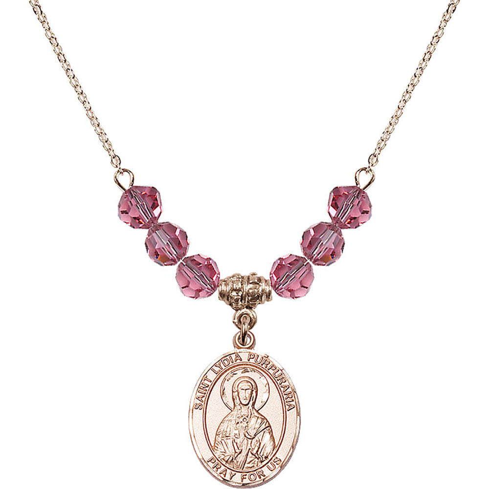 14kt Gold Filled Saint Lydia Purpuraria Birthstone Necklace with Rose Beads - 8411