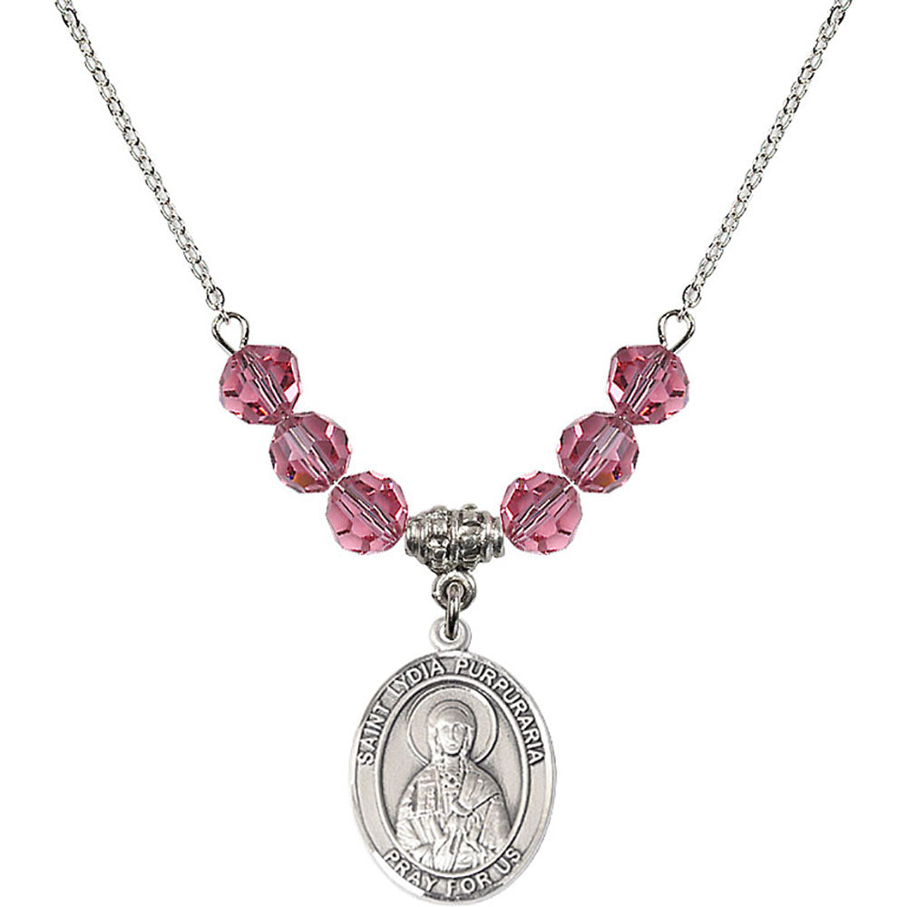 Sterling Silver Saint Lydia Purpuraria Birthstone Necklace with Rose Beads - 8411