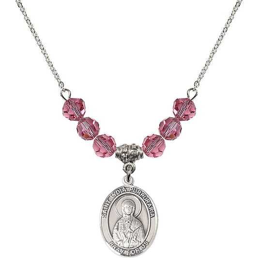 Sterling Silver Saint Lydia Purpuraria Birthstone Necklace with Rose Beads - 8411