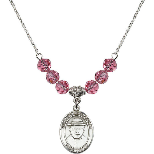 Sterling Silver Saint Damien of Molokai Birthstone Necklace with Rose Beads - 8412