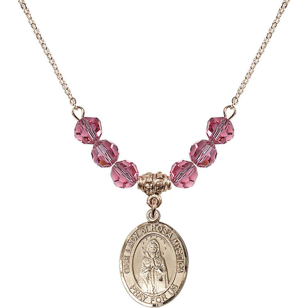 14kt Gold Filled Our Lady of Rosa Mystica Birthstone Necklace with Rose Beads - 8413