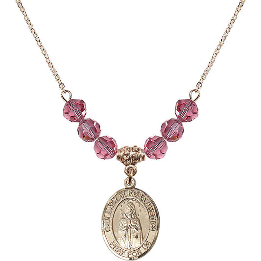 14kt Gold Filled Our Lady of Rosa Mystica Birthstone Necklace with Rose Beads - 8413