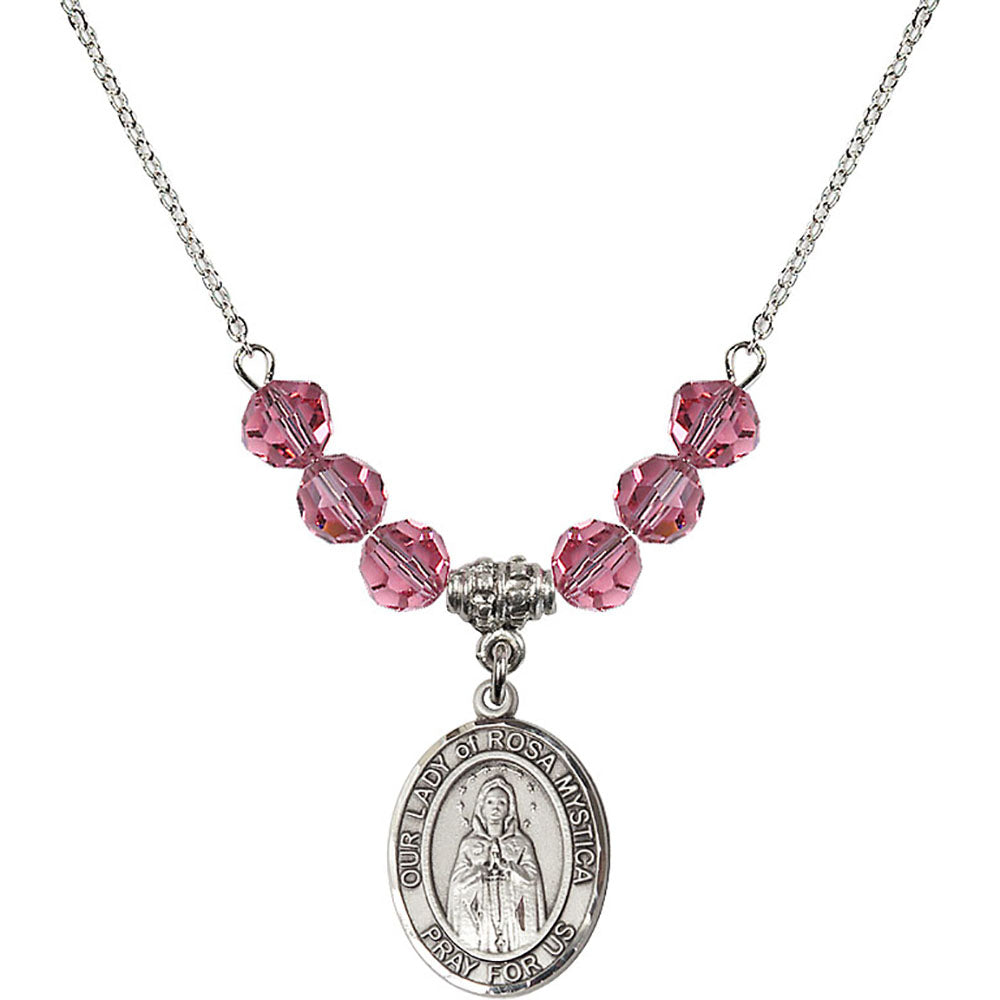 Sterling Silver Our Lady of Rosa Mystica Birthstone Necklace with Rose Beads - 8413