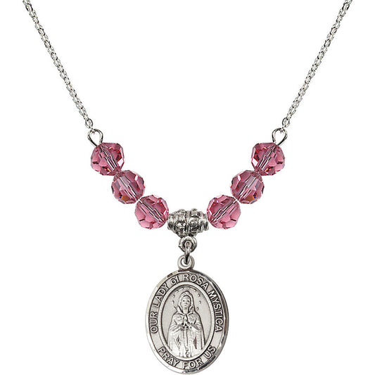 Sterling Silver Our Lady of Rosa Mystica Birthstone Necklace with Rose Beads - 8413