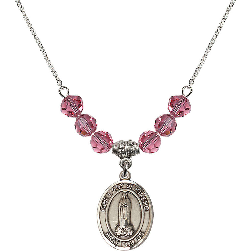 Sterling Silver Our Lady of Kibeho Birthstone Necklace with Rose Beads - 8414