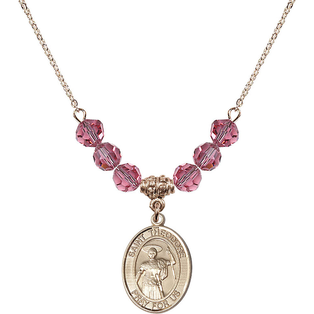 14kt Gold Filled Saint Theodore Stratelates Birthstone Necklace with Rose Beads - 8415
