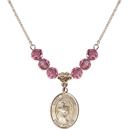14kt Gold Filled Saint Theodore Stratelates Birthstone Necklace with Rose Beads - 8415