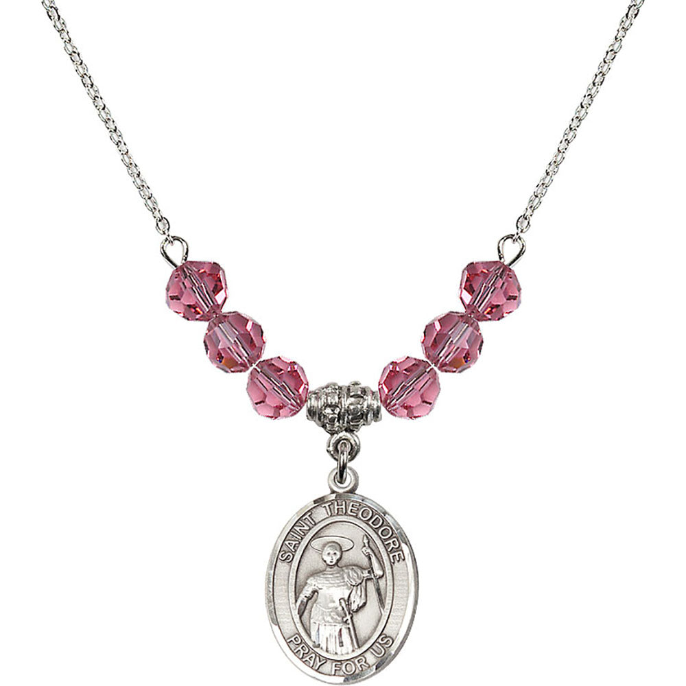 Sterling Silver Saint Theodore Stratelates Birthstone Necklace with Rose Beads - 8415