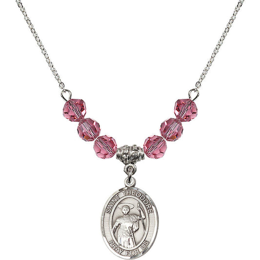Sterling Silver Saint Theodore Stratelates Birthstone Necklace with Rose Beads - 8415
