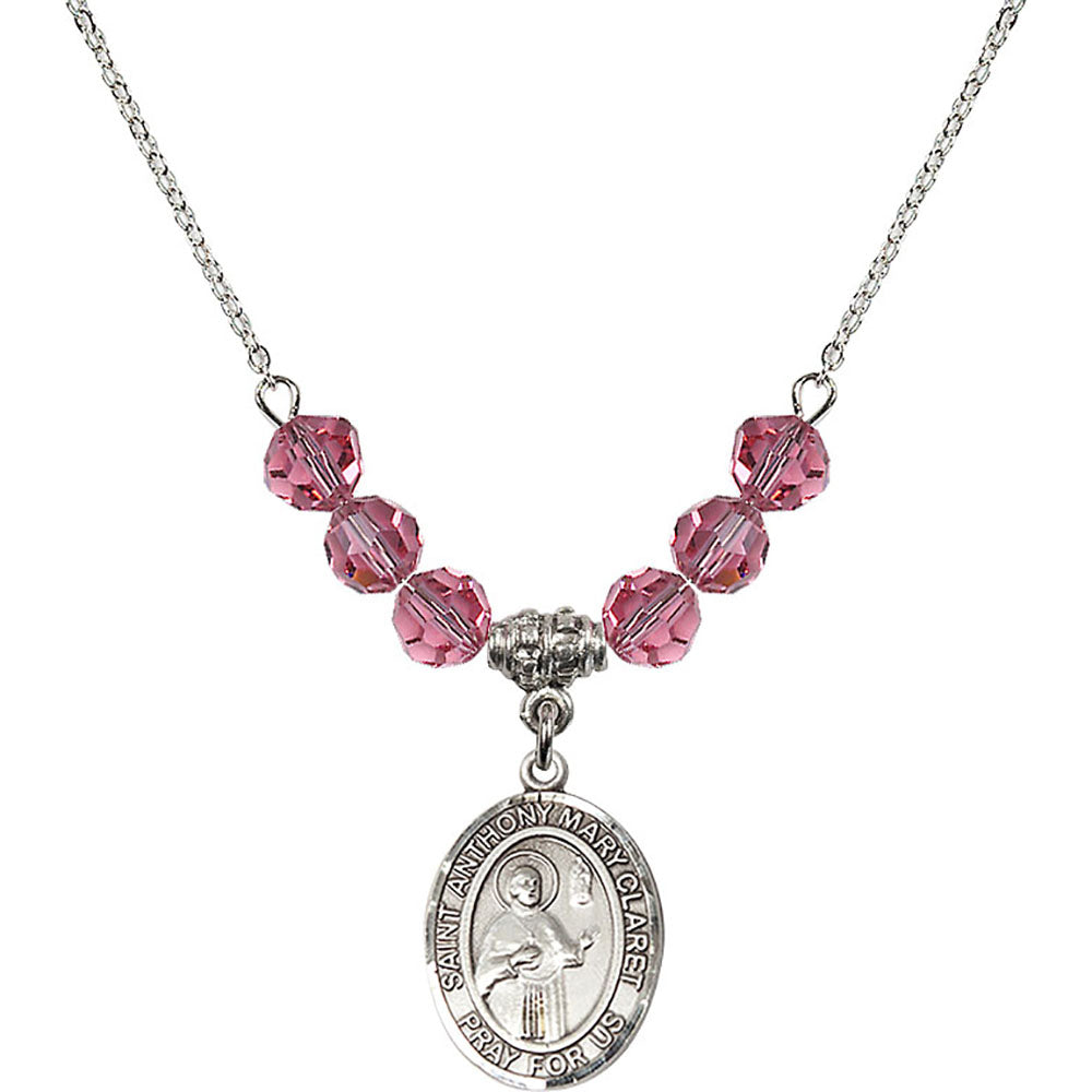 Sterling Silver Saint Anthony Mary Claret Birthstone Necklace with Rose Beads - 8416