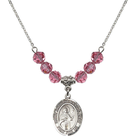 Sterling Silver Saint Anthony Mary Claret Birthstone Necklace with Rose Beads - 8416