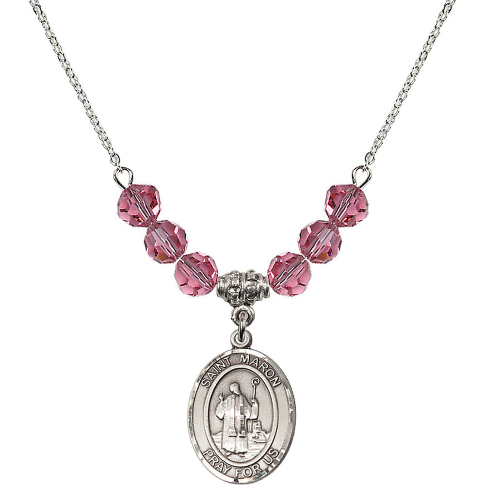 Sterling Silver Saint Maron Birthstone Necklace with Rose Beads - 8417