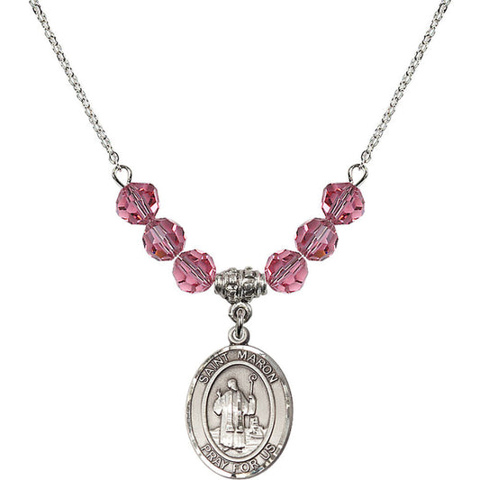 Sterling Silver Saint Maron Birthstone Necklace with Rose Beads - 8417