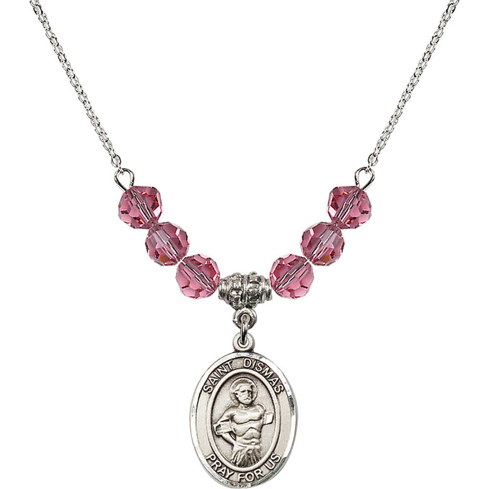 Sterling Silver Saint Dismas Birthstone Necklace with Rose Beads - 8418