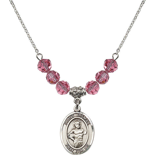 Sterling Silver Saint Dismas Birthstone Necklace with Rose Beads - 8418