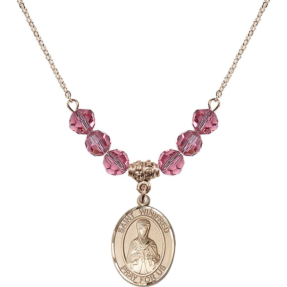 14kt Gold Filled Saint Winifred of Wales Birthstone Necklace with Rose Beads - 8419