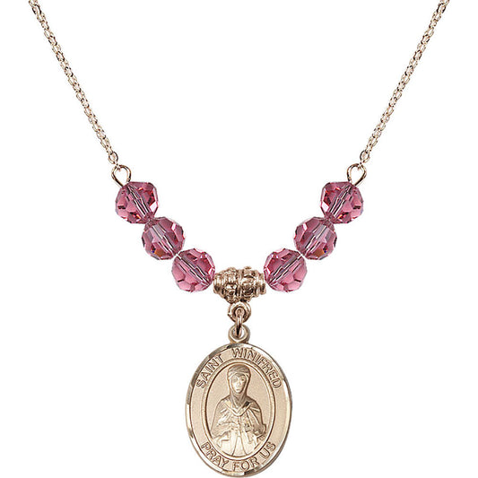 14kt Gold Filled Saint Winifred of Wales Birthstone Necklace with Rose Beads - 8419
