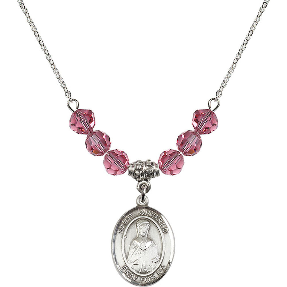 Sterling Silver Saint Winifred of Wales Birthstone Necklace with Rose Beads - 8419