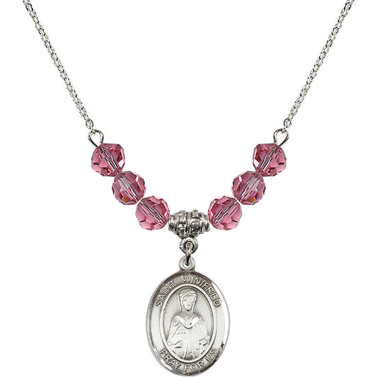 Sterling Silver Saint Winifred of Wales Birthstone Necklace with Rose Beads - 8419