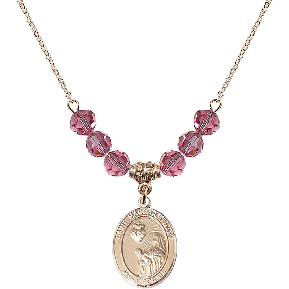 14kt Gold Filled Saint Margaret Mary Alacoque Birthstone Necklace with Rose Beads - 8420