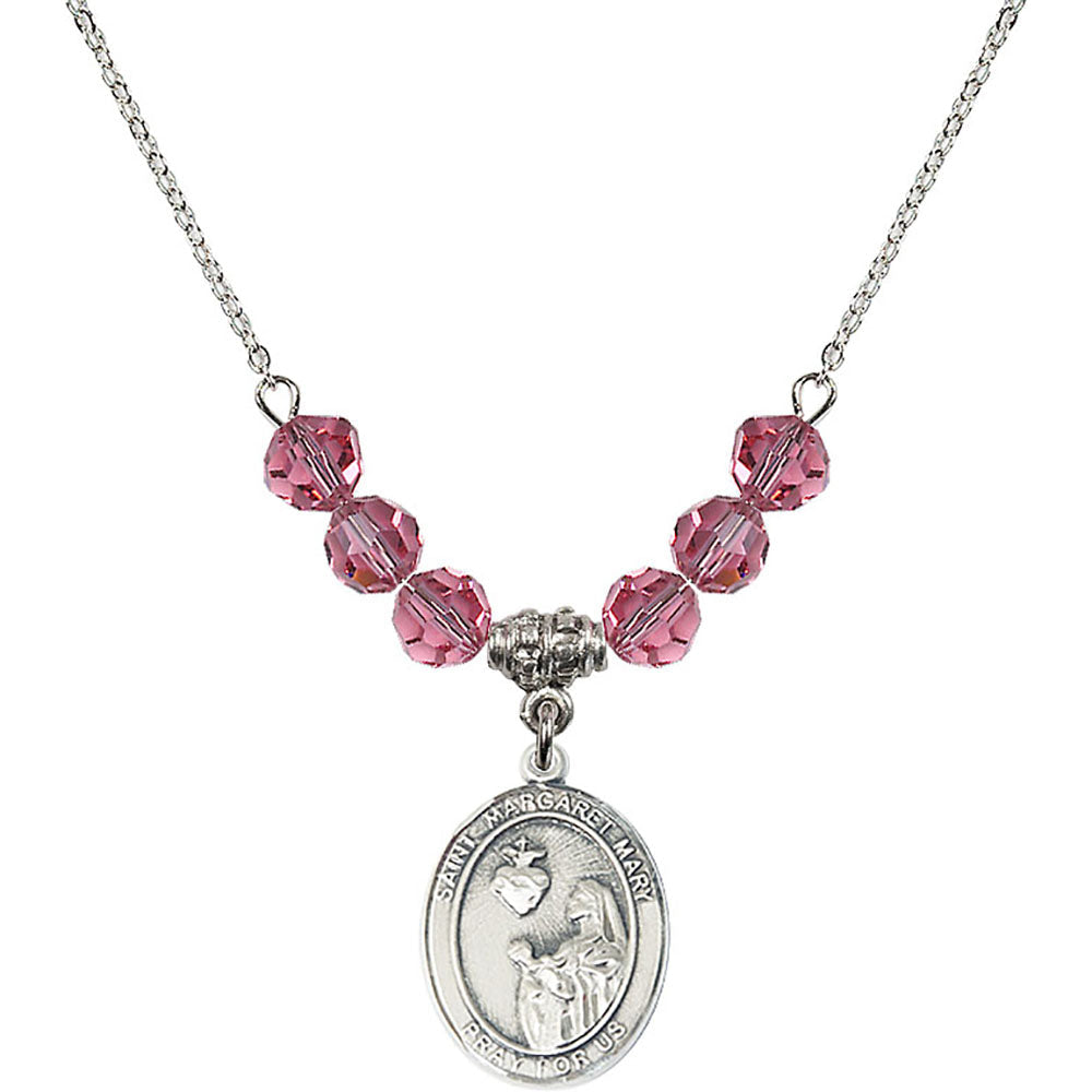 Sterling Silver Saint Margaret Mary Alacoque Birthstone Necklace with Rose Beads - 8420