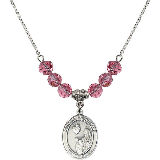 Sterling Silver Saint Margaret Mary Alacoque Birthstone Necklace with Rose Beads - 8420
