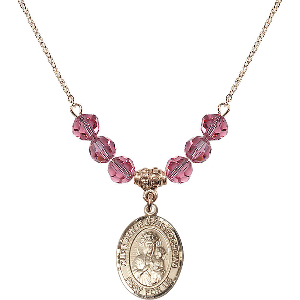 14kt Gold Filled Our Lady of Czestochowa Birthstone Necklace with Rose Beads - 8421