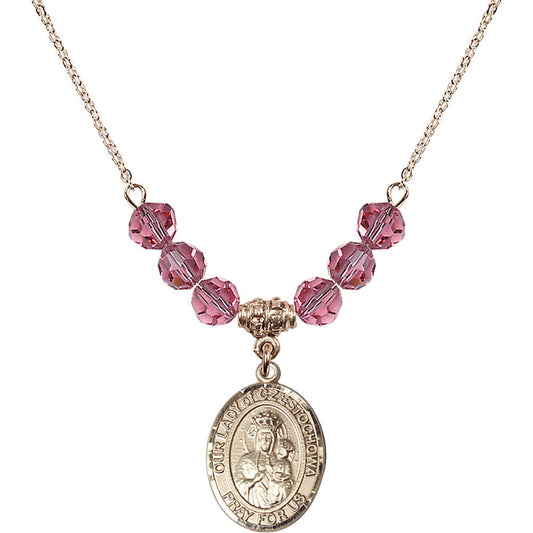 14kt Gold Filled Our Lady of Czestochowa Birthstone Necklace with Rose Beads - 8421